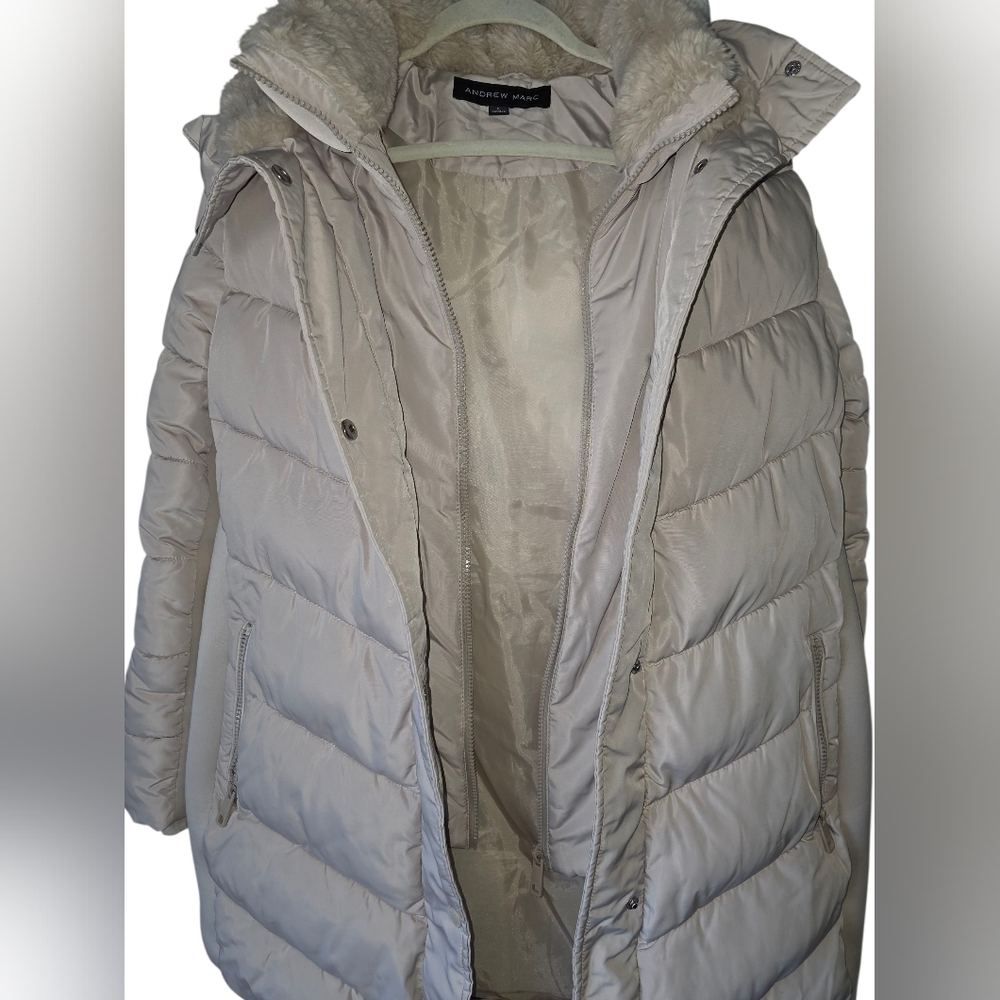 Andrew Marc Women's Faux Fur Hooded Puffer Long Coat Zipper Closure Snap Front - Picture 3 of 12